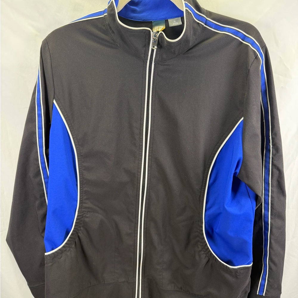 SJB Track Jacket woman's Size XL, zip up, pockets, Black and Royal blue